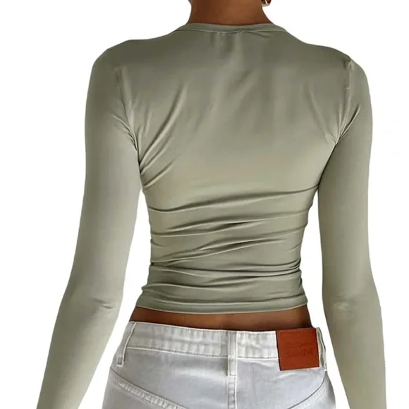 Green Crew Neck Long Sleeve Tight Tee - M - Picture 4 of 8